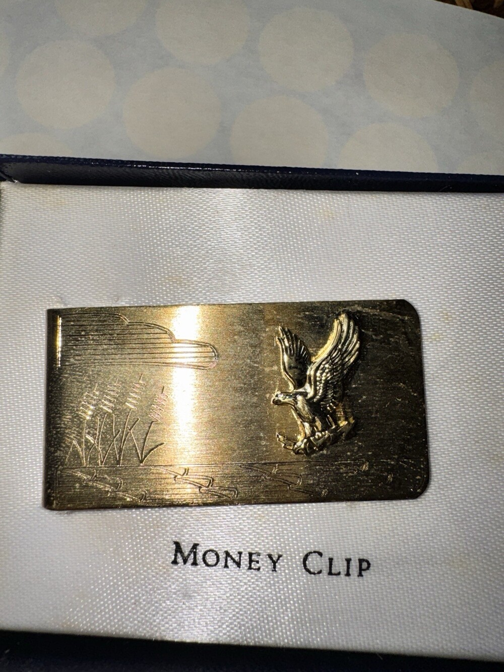 Vintage Gold Tone Bald Eagle Money Clip Wildlife Scene Original Box